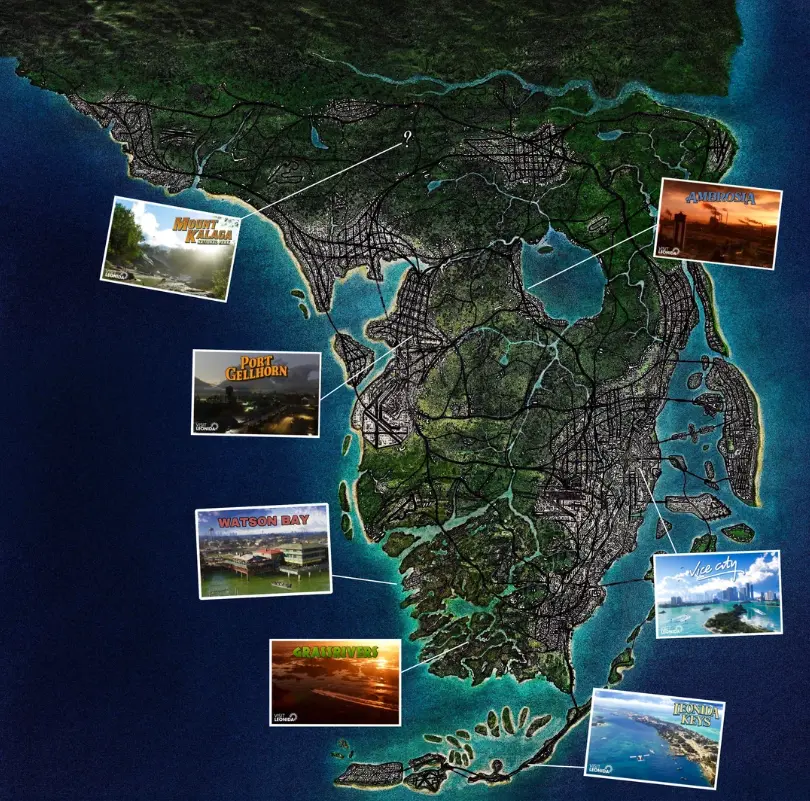 Complete GTA VI map showing Vice City, Leonida and all major regions